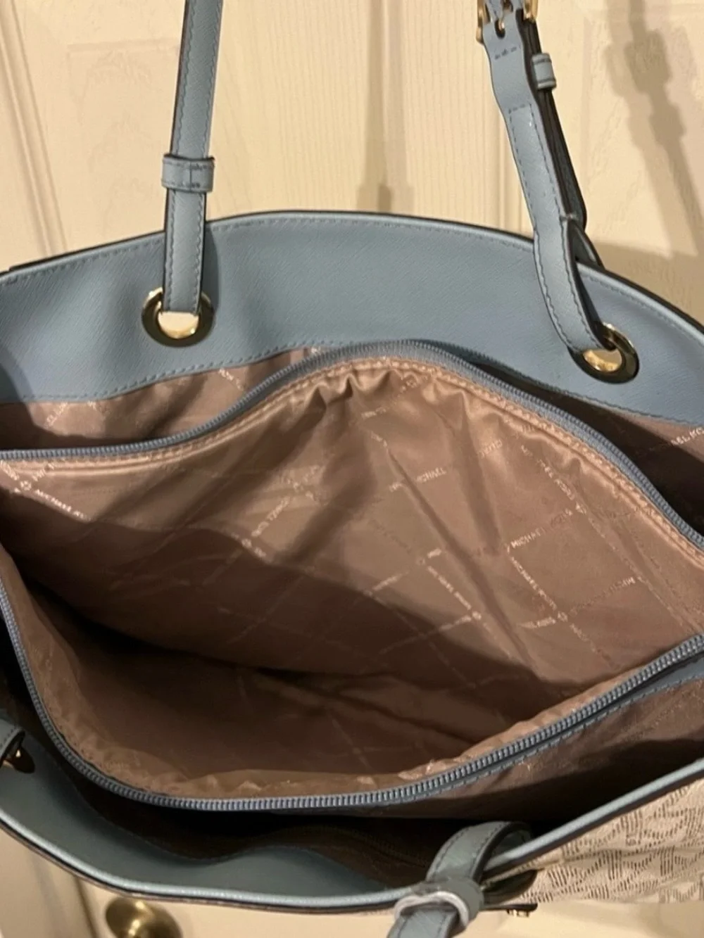Michael Kors Blue Trim Signature MK Tote with Gold Hardware